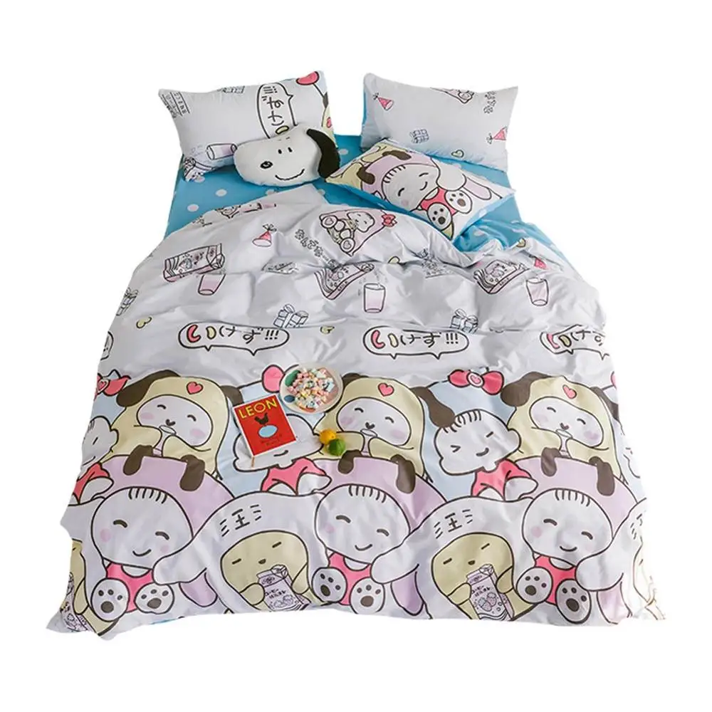 

Cartoon Japanese Girls Dogs Friends Duvet Cover Set Flat Fitted Sheet Cotton Bedlinens Soft Warm Twin Queen Size Bedding Set