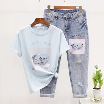 

Fashion Summer Letter Print T-shirt Holes Denim Pants Set Women Short sleeve Cotton Tee Shirt Jeans Suit Female Korean Outfits