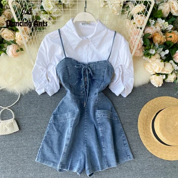 

Women Denim Jumpsuits Turn-down Collar Short Sleeve Shirts High Waist Spaghetti Strap Bandage Playsuits 2020 Female 2 Piece Suit