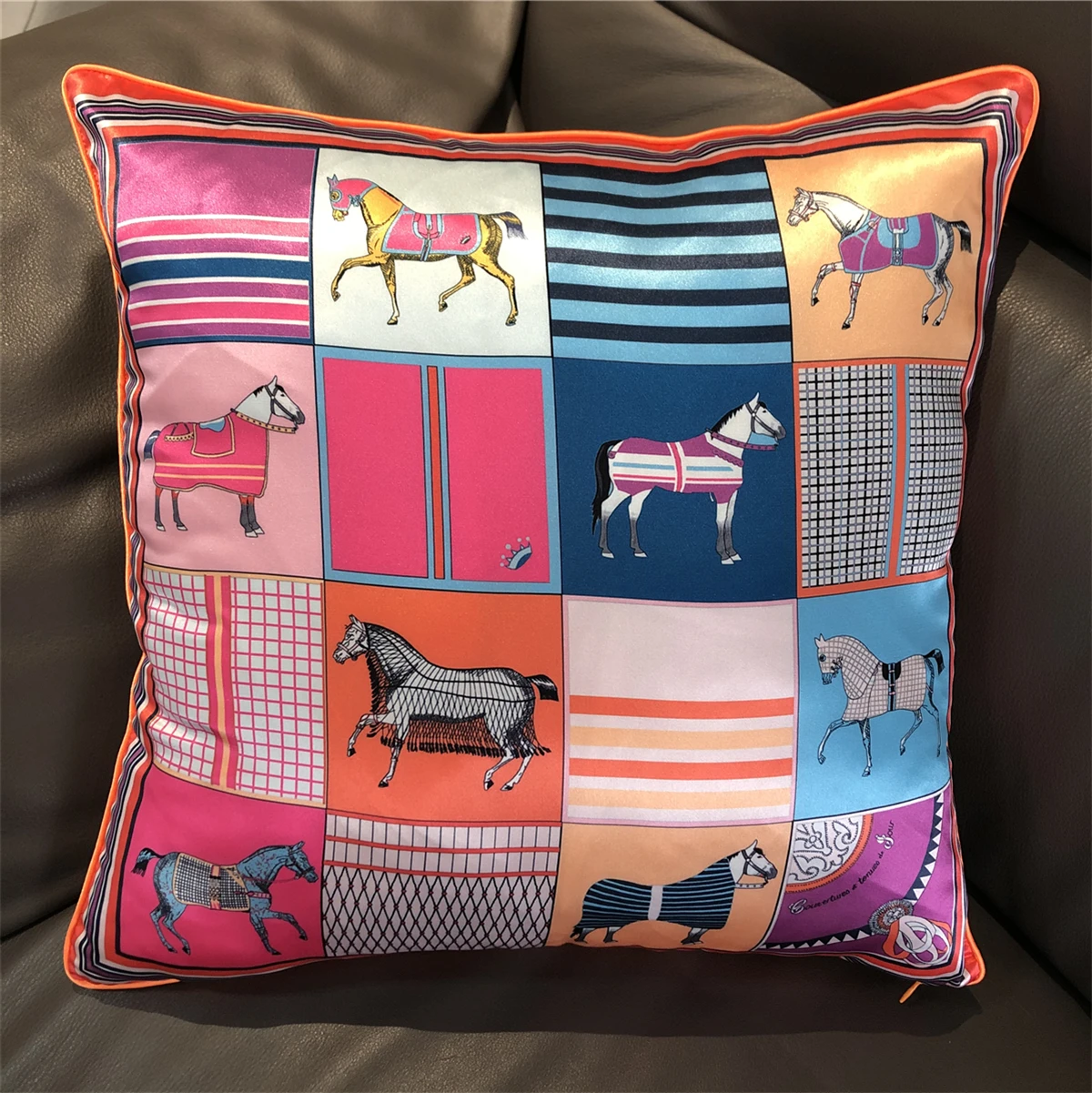 Throw pillow decorative cushion cushion cover Silk Pillowcase Brand Design Plaid Horse Sofa Throw Pillow Chair Car Cushion Cover Home Decoration Fashion Pillow