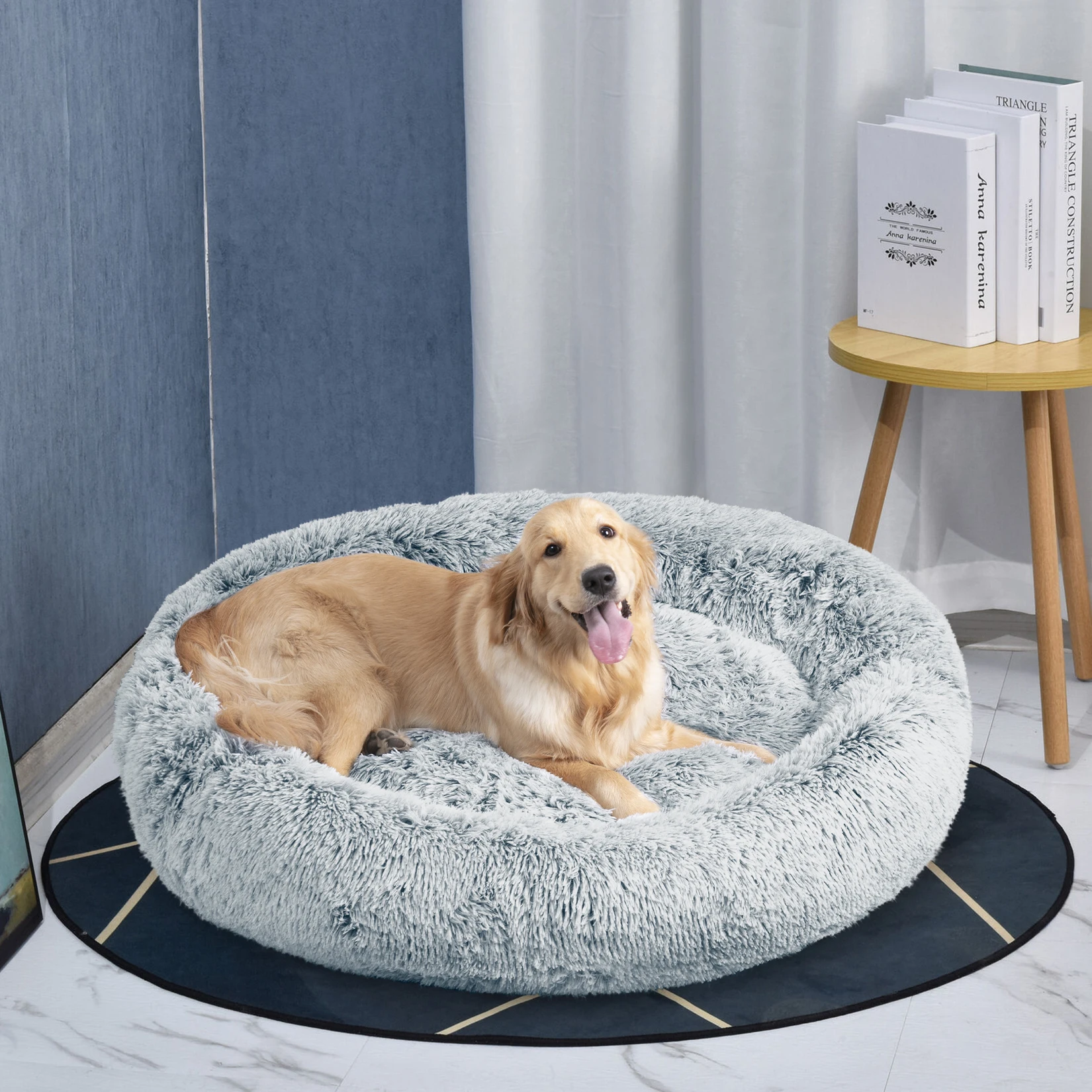 Extra Large Waterproof Calming Dog Beds Washable Anti Anxiety Round Fluffy Plush Faux Fur Pet Bed
