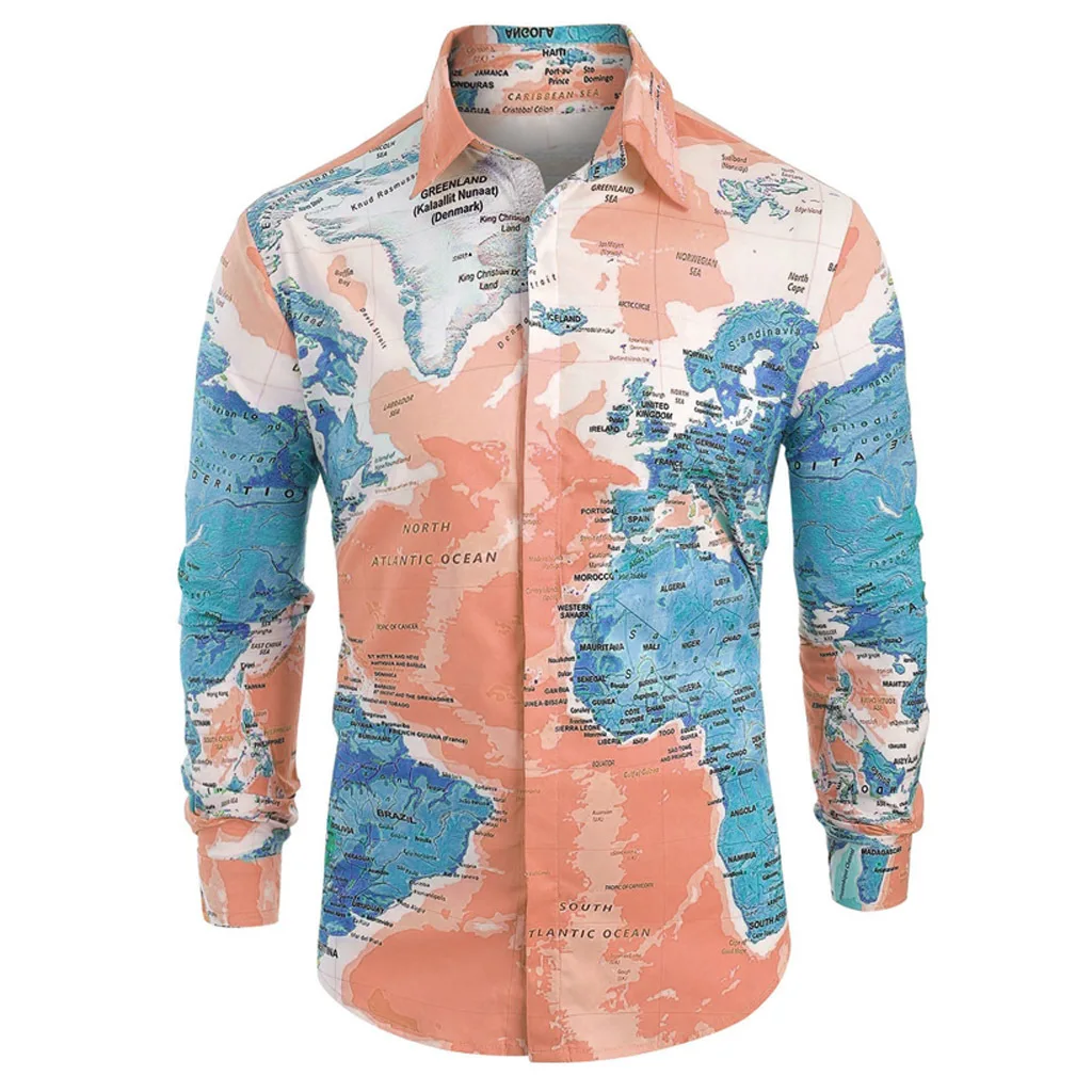 Camisa Masculina, мужская повседневная Рождественская рубашка с принтом снежинок Санты, конфет, топ, блузка, Карта мира, праздничное платье, мужская рубашка