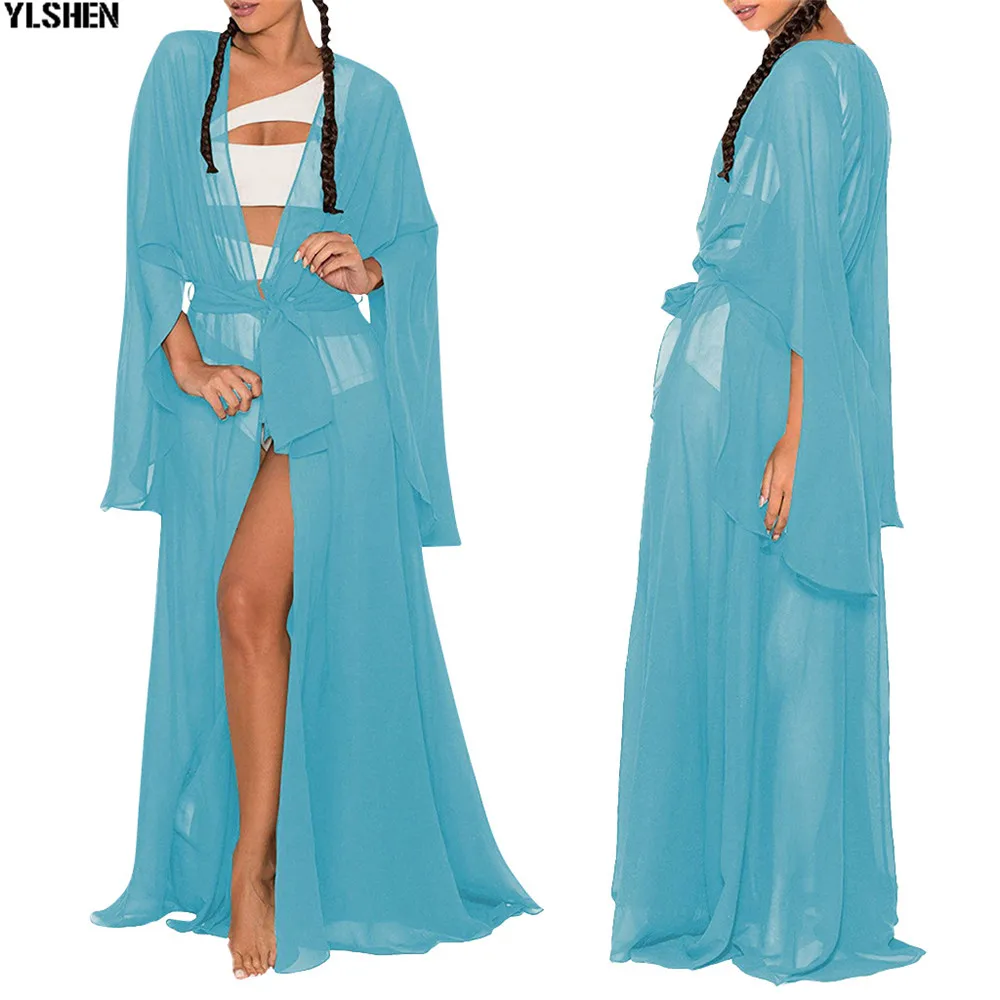 Blue African Dress Africa Dresses for Women Clothes Dashiki Bat Sleeve Cardigan Blouse Chiffon Maxi Dress Vestido Africano Robe 01