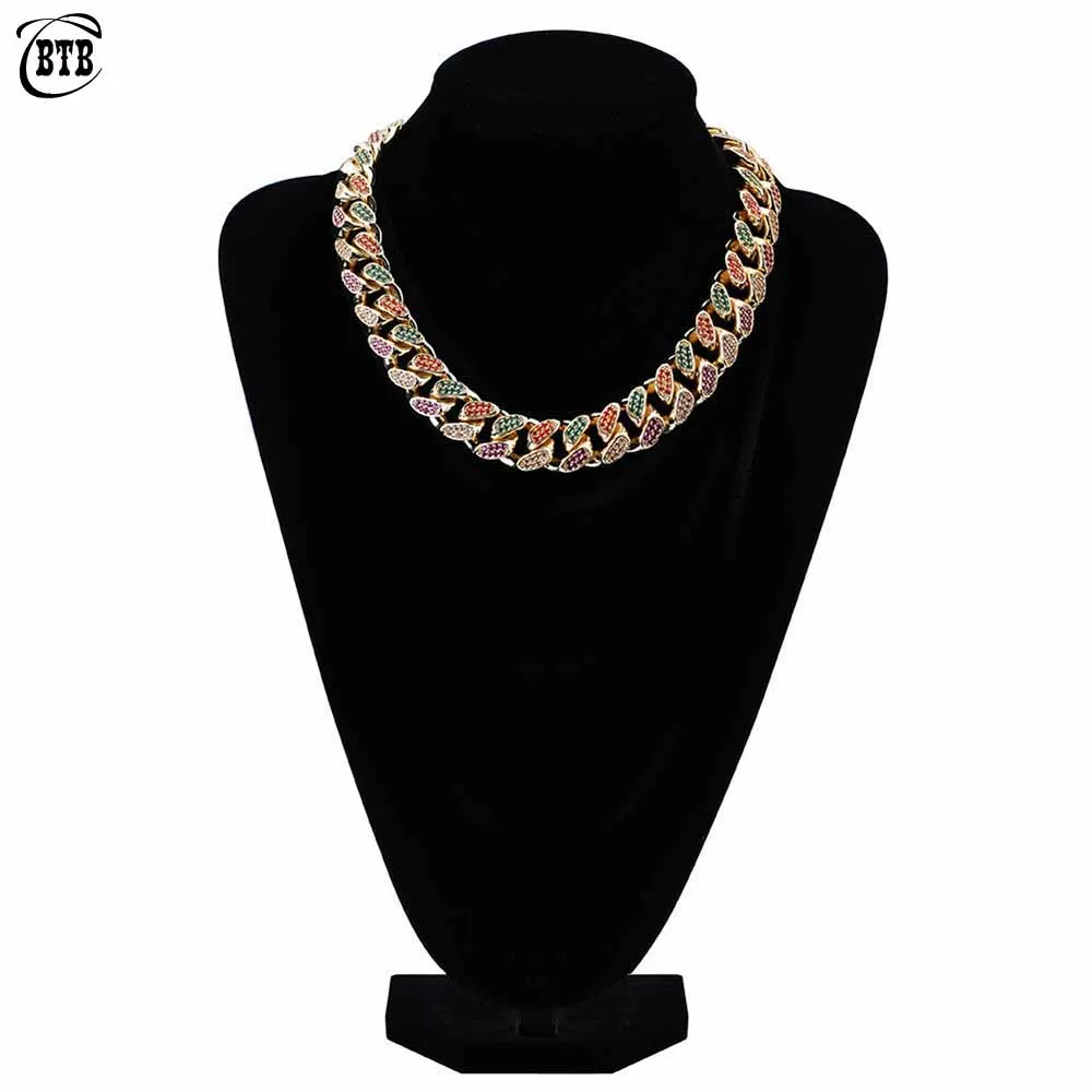 

18mm Width Iced Out Bling CZ Stones Mens Cuban Chain Necklace Hip Hop Charm Chain Fashion Personalized Punk Jewelry 2 Colors