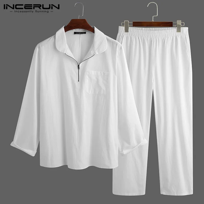 Mens Suits Shirt Waist-Pants Men-Sets INCERUN Cotton 2pieces Zipper Casual Solid Long-Sleeve