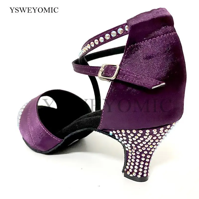 Rhinestone Low Heel 6cm Purple Satin Latin Dance Shoes Women Waltz Soft Suede Outsole Indoor Ballroom Salsa Dance Shoes