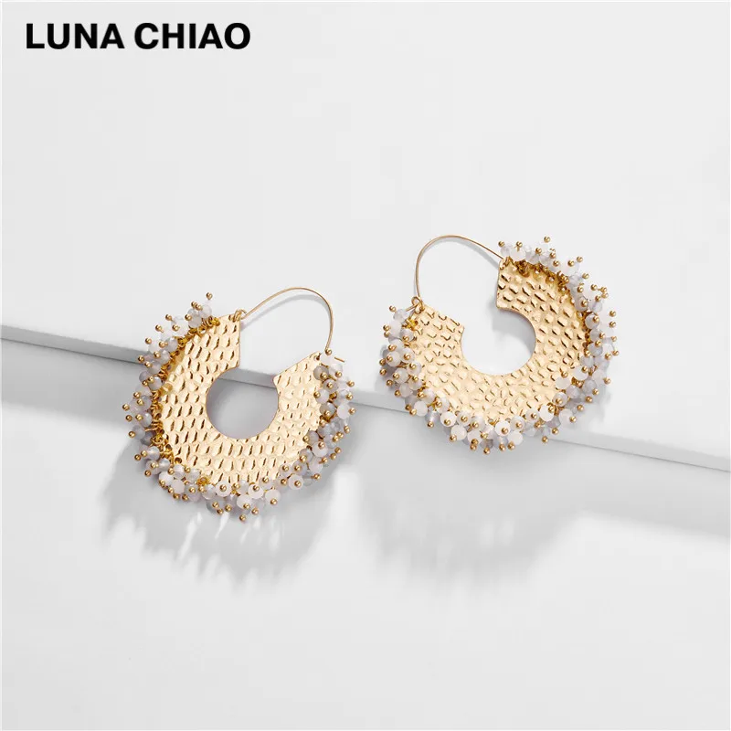 LUNA CHIAO, модные ювелирные изделия, серьги из бисера, стеклянные хрустальные металлические серьги-обруч для женщин - Окраска металла: grey