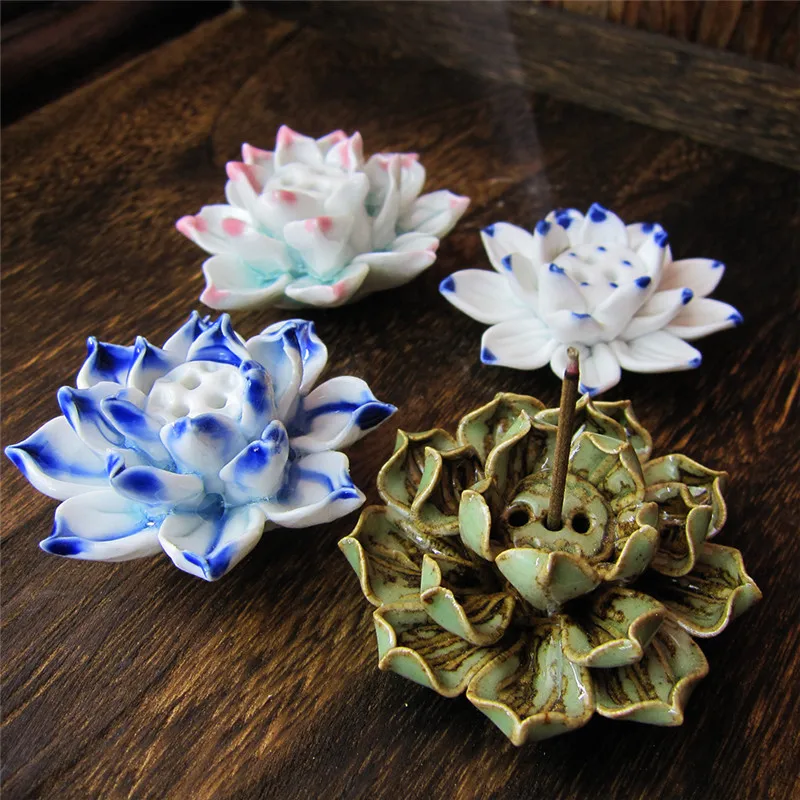 Ceramic Lotus Flower Shape Incense Burner Stick Cone Censer Holder
