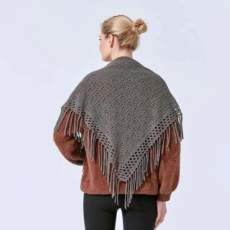 Fashion Solid Color Air Conditioning Warm Wool Knitted Shawl Women Winter Cold Cashmere Fringed Flower Hollow Triangle Scarf T78 5