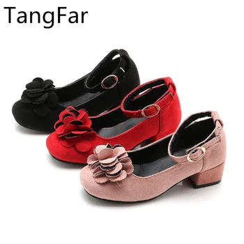 

Girls Leather Shoes Princess Leather Floral Autumn Student High Heel Shoe Red performance Loafers New