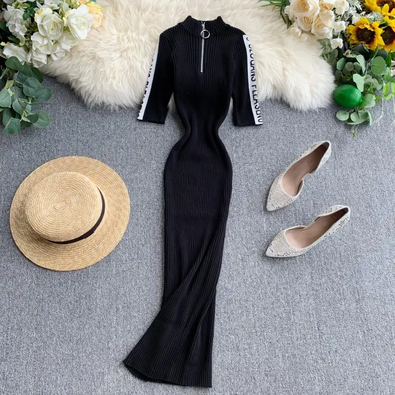 Мода, тонкое платье на молнии, с буквенным принтом, вязаное, облегающее, лето-осень, миди, длинное платье, вечерние, для женщин, повседневное, облегающее, элегантное, Vestidos - Цвет: Черный