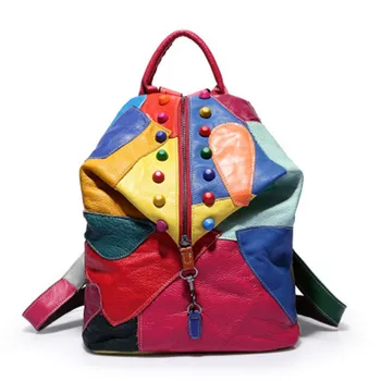 

New Backpack Leather Stitching Leather Female Bag European And American Fashion Color Travel Backpack