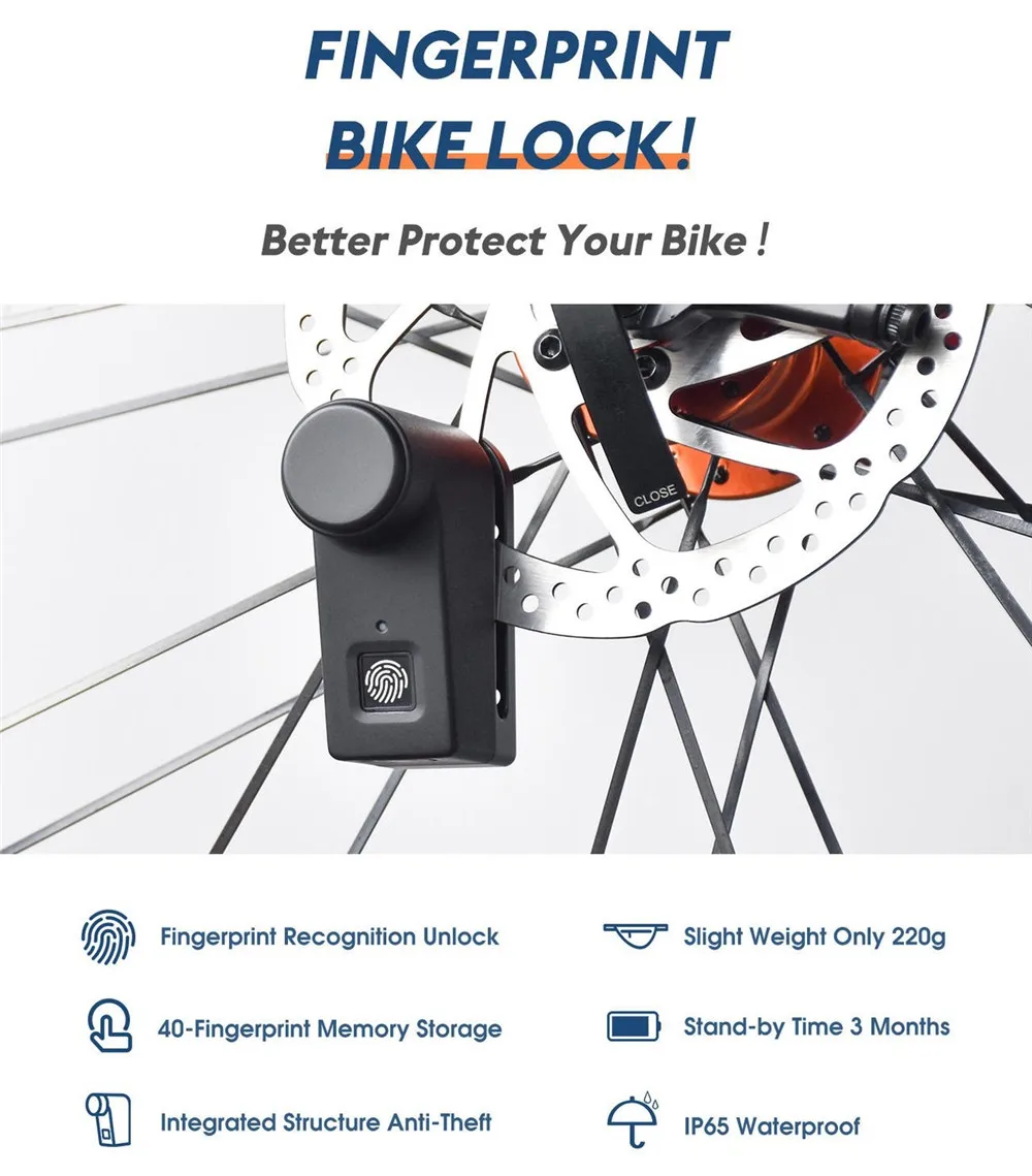 

Fingerprint Disc Brake Bike Lock Anti-Theft IP65 Waterproof Smart Bicycle Lock Fingerprint Unlock Bicycle Accessories