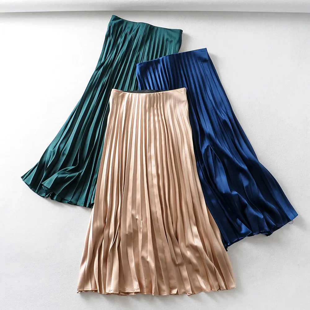 Женская плиссированная юбка средней длины Новая мода Высокая талия Осенняя однотонная шелковая юбка миди