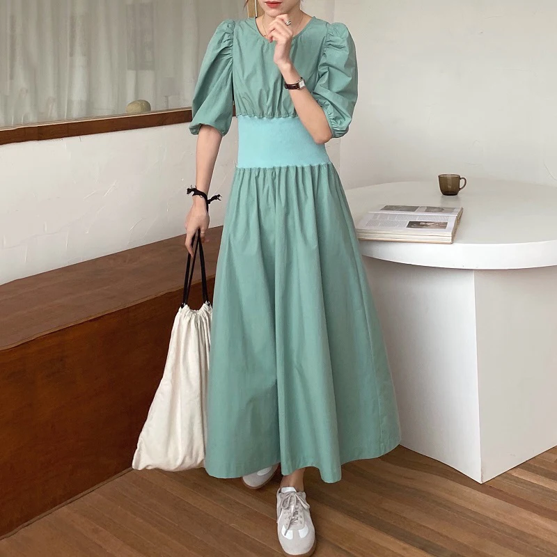

VICONE Woman's Chic Elegance round Neck Wrinkles Waist Thin Puffed Sleeves Loose Long Expandable Type Dress