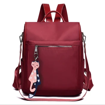 

Sewing Thread Back Double Zipper Open Backpack Women Oxford Cloth Waterproof Casual Shoulder Bag Travel Daypack With Cat Pendant