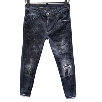 

four season jeans dsq men's letter leather hole paint dot hip hop slim Blue Elastic Italian pop brand D2d2 NEW