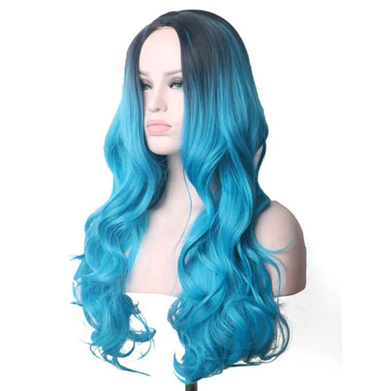 WoodFestival длинные волнистые ombre черный синий косплей парик термостойкие синтетические парики для женщин