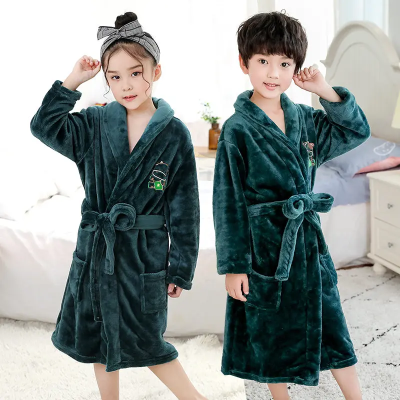 Flannel Bathrobe for Boys and Girls Hooded Bear Bathrobes Kids Baby Dressing Gowns Children Winter Sleepwear 4-14T
