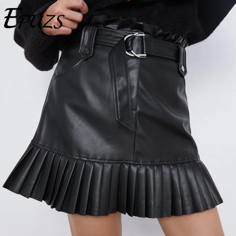 

Ruffle high waist skirt mini sexy short skirts black Sash skirt elegant leather skirts women faux leather skirt with pockets