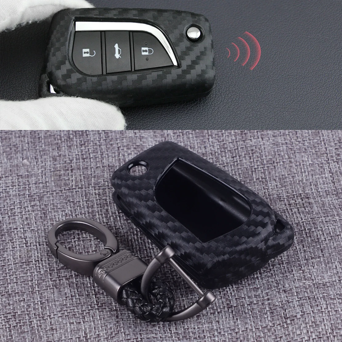 

DWCX Carbon Fiber Style Black Flip Folding Remote Key Fob Protection Shell Cover Case Chain fit for Toyota Camry C-HR 2018-2020