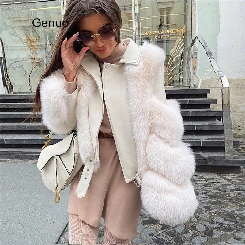 

Faux Fox Fur Coats with Faux Sheepskin Fake Leather Fluffy Fox Fur Jacket Outerwear Luxury Women's Thick Warm Overcoat Winter