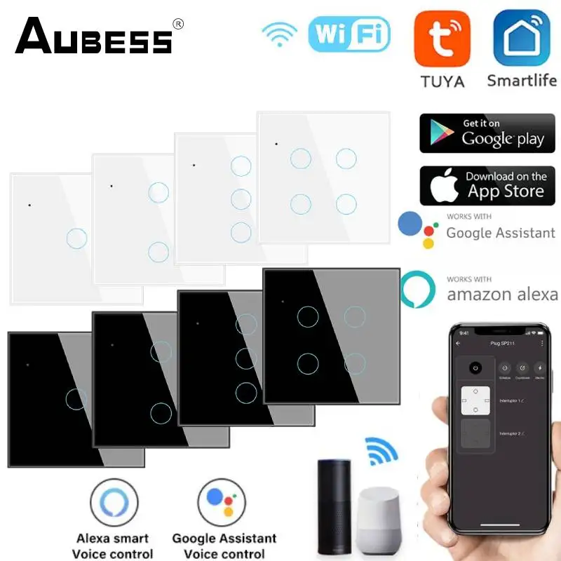 AUBESS Tuya Wifi Smart Switch Alexa Wall Touch Switch APP Google Home