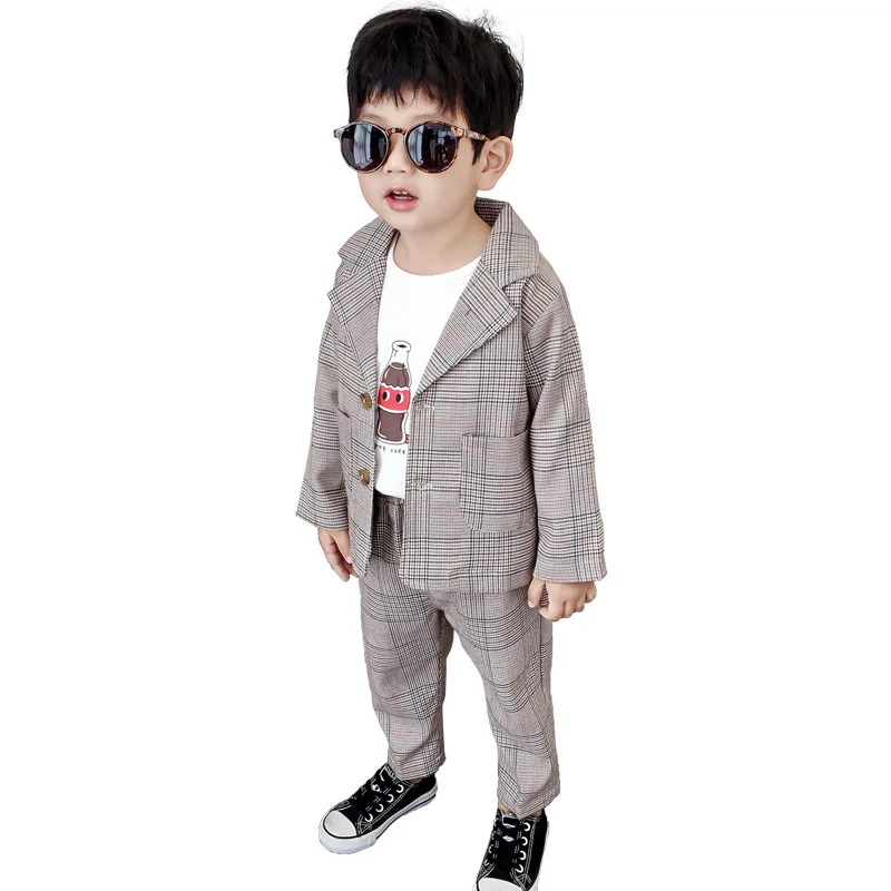 Комплекты детских костюмов Корейская версия брюк с длинными рукавами для мальчиков и девочек Осенняя клетчатая одежда из двух предметов и брюки в английском стиле