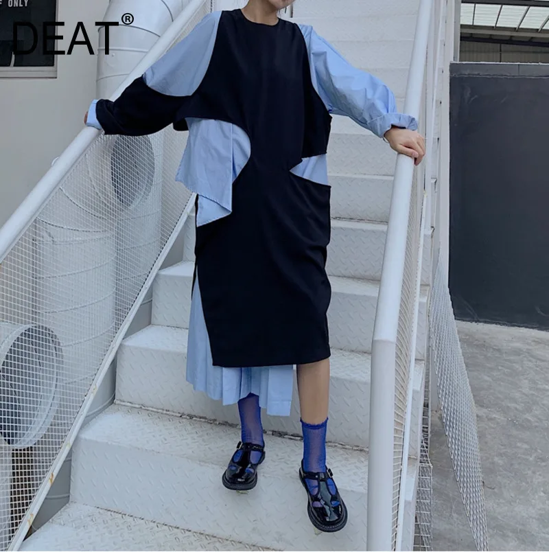 

[DEAT] Women Spliced Irregular Hit Color Dress New Round Neck Long Sleeve Loose Fit Fashion Tide Spring Autumn 2020 13F314