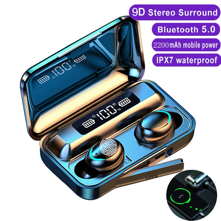 Auriculares TWS con Bluetooth, auriculares inalámbricos con cargador de 2200mAh, 9D estéreo, deportivos, resistentes al agua, con micrófono