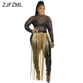 

Tassels PU Leather Trousers Women 2019 High Waisted Skinny Black Pants Clubwear Parties Solid Full Length Plus Size Sweatpants