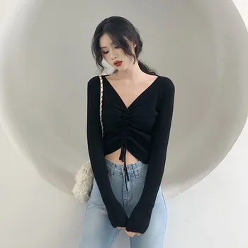 

Slim Sweater Women Autumn Fashion Casual V-Neck Sweaters Solid Drawstring Long Sleeve Sweater