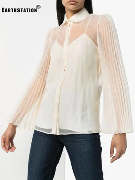 

Free shipping Heavy craft pleated flared sleeves loose shirt ladies autumn new fashion personality tops distribution straps