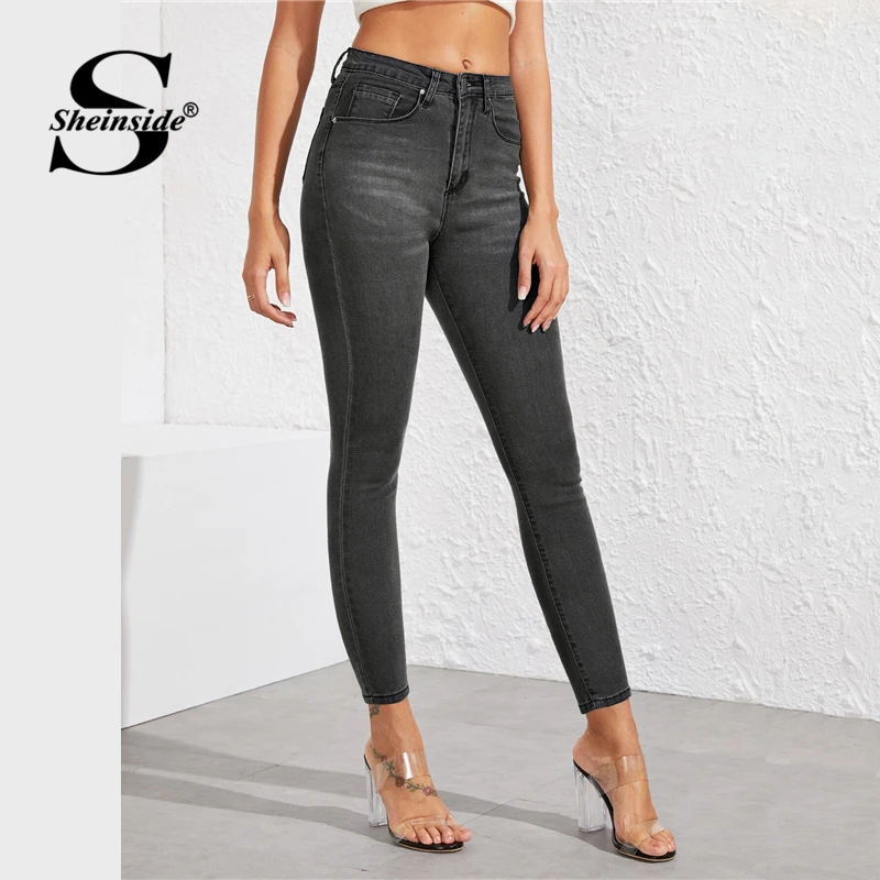 Sheinside повседневные серые темные обтягивающие джинсы со средней талией женские осенние укороченные брюки Женские однотонные джинсы с карманами