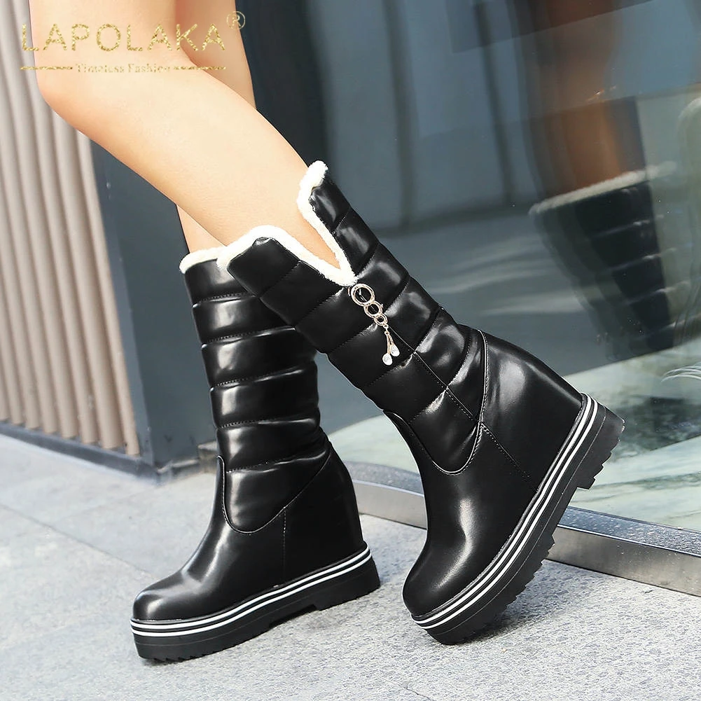 

Lapolaka 2020 New Arrivals Hot Sale Increaasing Heels Mid Calf Boots Woman Shoes Slip On Add Fur Warm Winter Shoes Women Boots