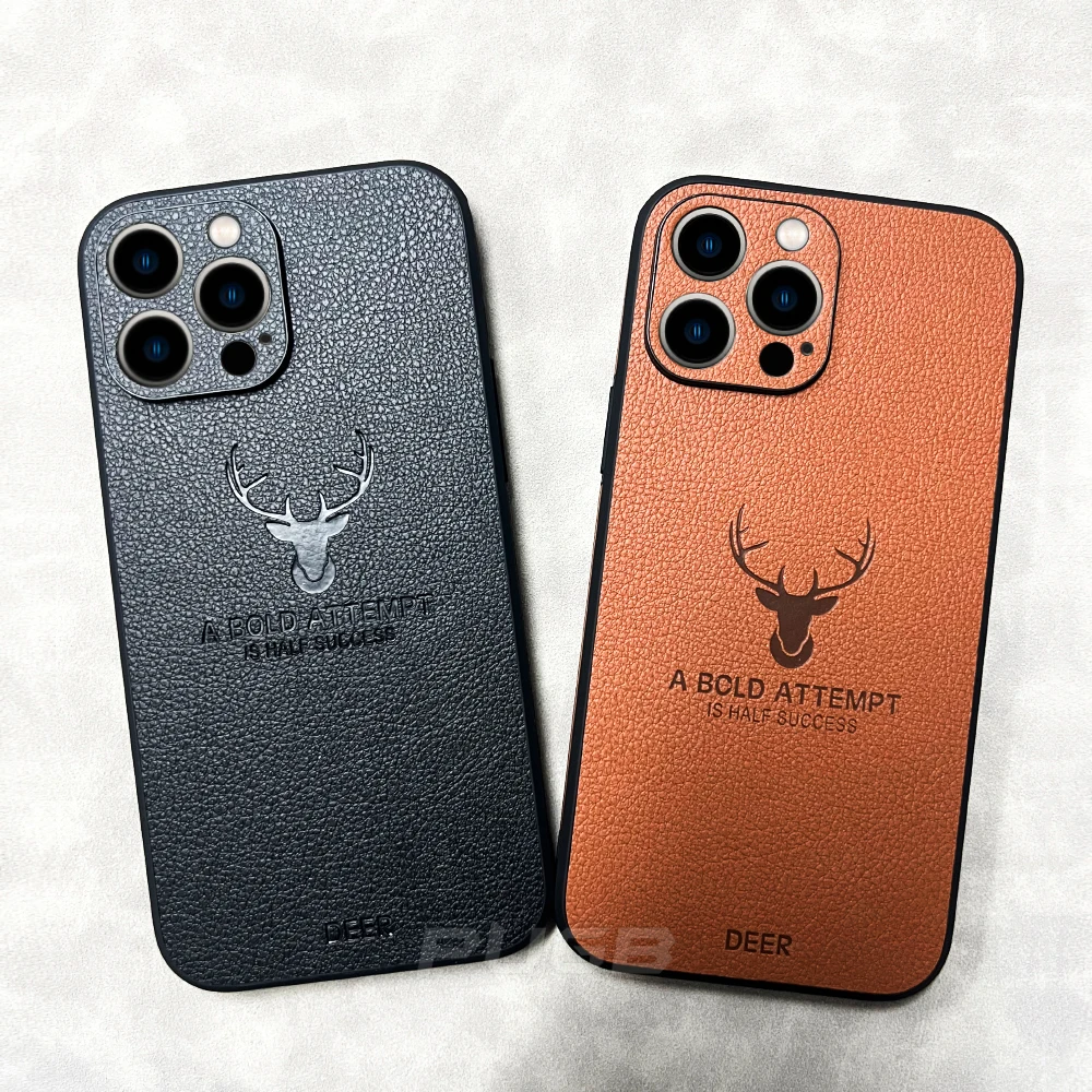 Luxury Leather Texture Square Frame Case For iPhone 11 12 13 Pro Max Mini X XR XS Deer Camera Protection Shockproof Phone Cover