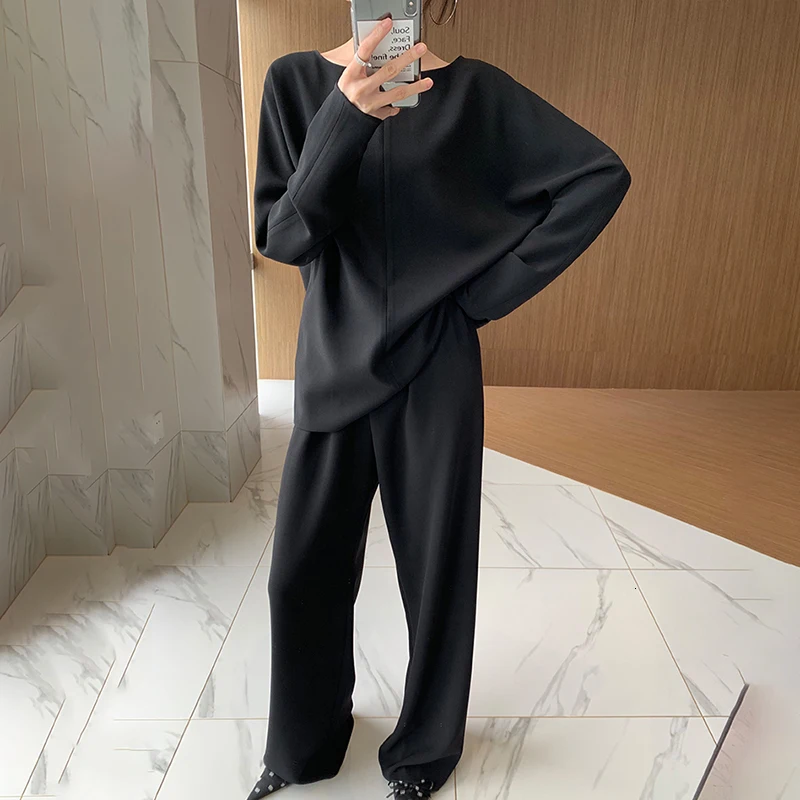 TWOTWINSTYLE Solid Casual Women Two Piece Set O Neck Long Sleeve High Waist Wide Leg Pants Female Suits 2020 Fashion Autumn New