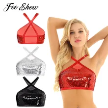 Сексуальное женское нижнее белье, короткий топ с бретельками на шее, Клубная одежда без рукавов с перекрещивающимися сзади блестками, топ с бюстгальтером, майка, укороченные топы