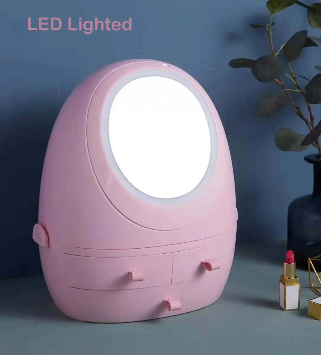 Косметический СВЕТОДИОДНЫЙ чехол для хранения с косметическим классификацией, вращающийся чехол с USB зарядкой, круглая овальная зеркальная коробка - Цвет: Pink With LED