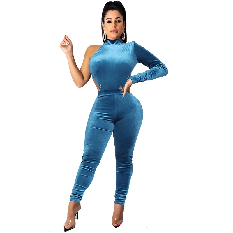 Sexy 2 Piece Set Women Velvet Two Outfits Festival Clothing One Shoulder Bodysuit Top Pants Club Matching Sets | Женская одежда