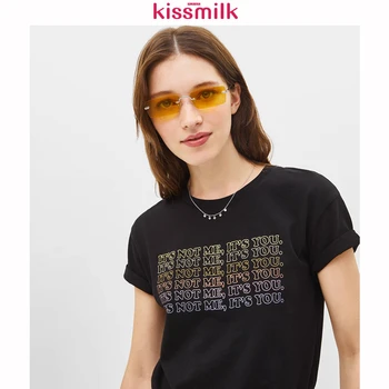 

KISSMILK 2020 Spring And Summer Large Size Women Black Street Letter Printing Short-sleeved T-shirt