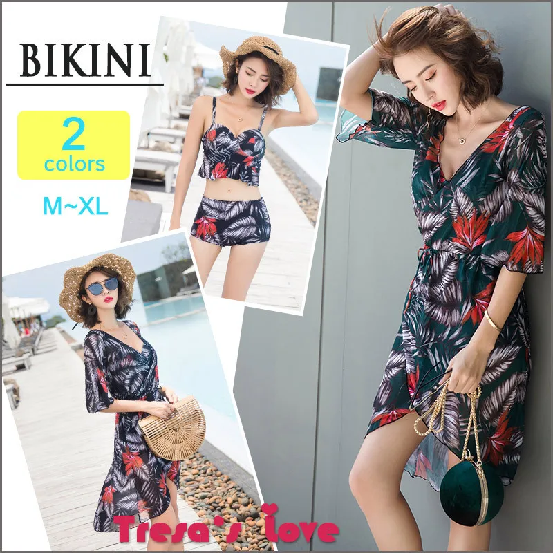 

Japan New Style Retro Gauze Three-piece Set Bathing Suit Women's Nobility Queen Fan Bikini Set Swimwear