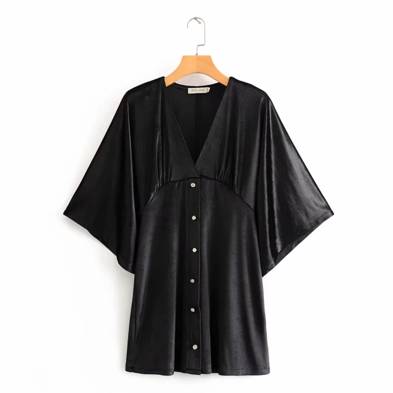 

Fashion Women Button Decoration Velvet Mini Dress 2020 Spring Leisure Lady V Neck Batwing Sleeve Dresses D3957