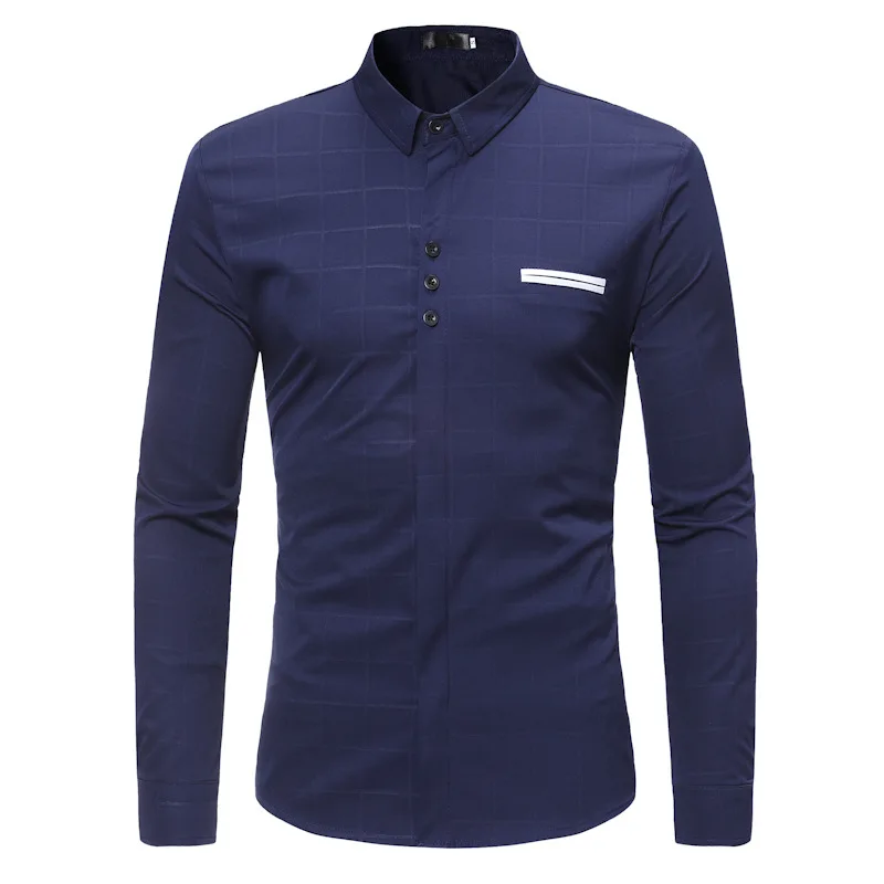dark blue Модная деловая Повседневная клетчатая рубашка для мужчин, новинка, Брендовые мужские рубашки с длинным рукавом, свадебные смокинги, рубашка для мужчин, Chemise Homme XL - Цвет: dark blue