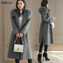 Модное однотонное женское длинное шерстяное пальто, тонкая женская куртка на молнии с карманами и меховым воротником, синее кашемировое пальто и куртка