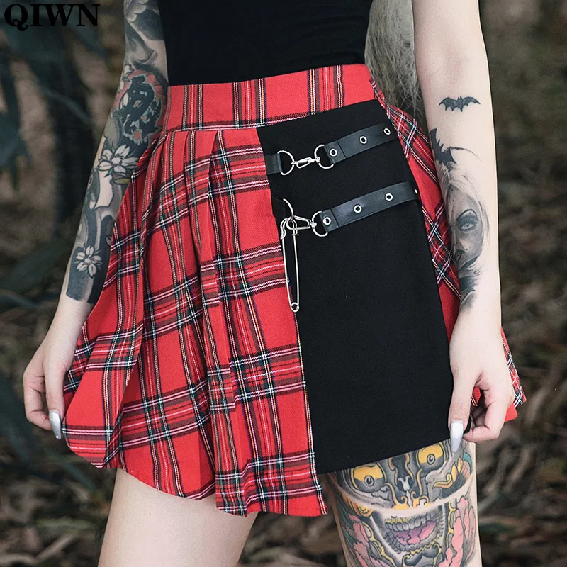 

Harajuku Autumn Red And Black Plaid Stitching Women Skirts New Arrival Short Gothic Punk Pleated Skirt Female A-Line Mini Skirts