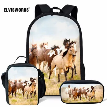 

ELVISWORDS Crazy Horse Printing 3Pcs School Bag Set for Boys Girls Kids Orthopedics Rucksack Children Traveling Beach Backpacks