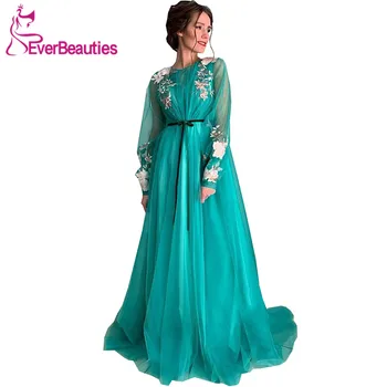 

Long Sleeves Prom Dresses 2020 Muslim Dress Robe De Soiree Dubai Arabia Tulle Appliques Suknie Wieczorowe Vestidos De Noite