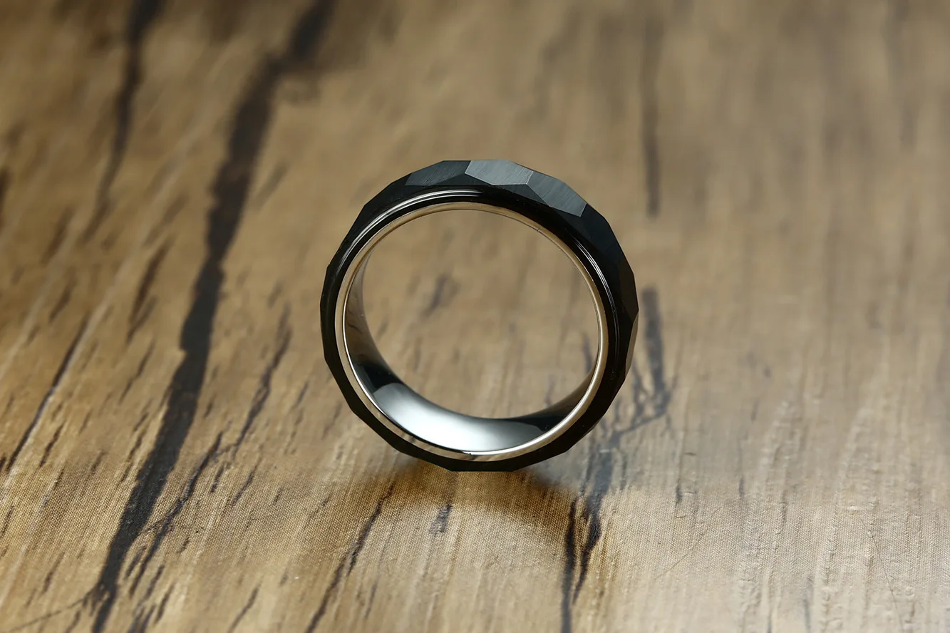 Europeu e Americano 7mm de Largura Somen Moda Geométrica Hexágono Tungstênio Aço Anel Clássico Masculino Puro Preto 4 Joias e Acessórios