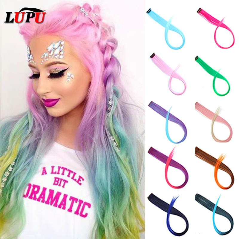 LUPU Long Straight Synthetic Hair Extensions Single Clip In One Piece Colored Rainbow Heat Resistant Fiber Fake Hairpieces